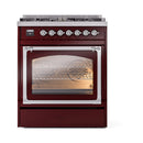 ILVE Nostalgie II Noblesse 30-Inch Propane Gas Dual Fuel Range with Triple Glass Door in Burgundy with Chrome Trim (UN30NMPBUCLP)