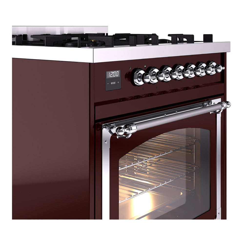 Burgundy dual fuel range with control knobs and open oven door with chrome handle