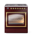 ILVE Nostalgie II Noblesse 30-Inch Propane Gas Dual Fuel Range with Triple Glass Door in Burgundy with Brass Trim (UN30NMPBUGLP)