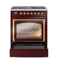 ILVE Nostalgie II Noblesse 30-Inch Propane Gas Dual Fuel Range with Triple Glass Door in Burgundy with Brass Trim (UN30NMPBUGLP)