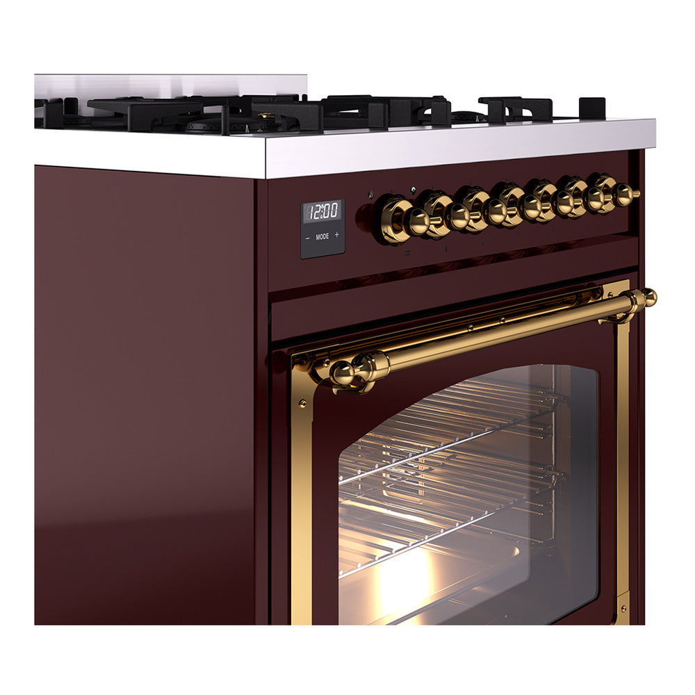 Burgundy gas dual-fuel range side view with brass oven handle and knobs