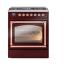 ILVE Nostalgie II Noblesse 30-Inch Dual Fuel Range with Triple Glass Door in Burgundy with Copper Trim (UN30NMPBUP)