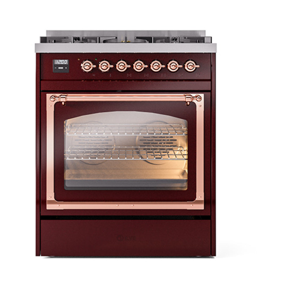 Burgundy dual-fuel gas range front with triple glass oven door and control knobs