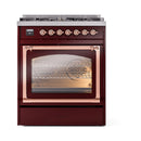 ILVE Nostalgie II Noblesse 30-Inch Propane Gas Dual Fuel Range with Triple Glass Door in Burgundy with Copper Trim (UN30NMPBUPLP)