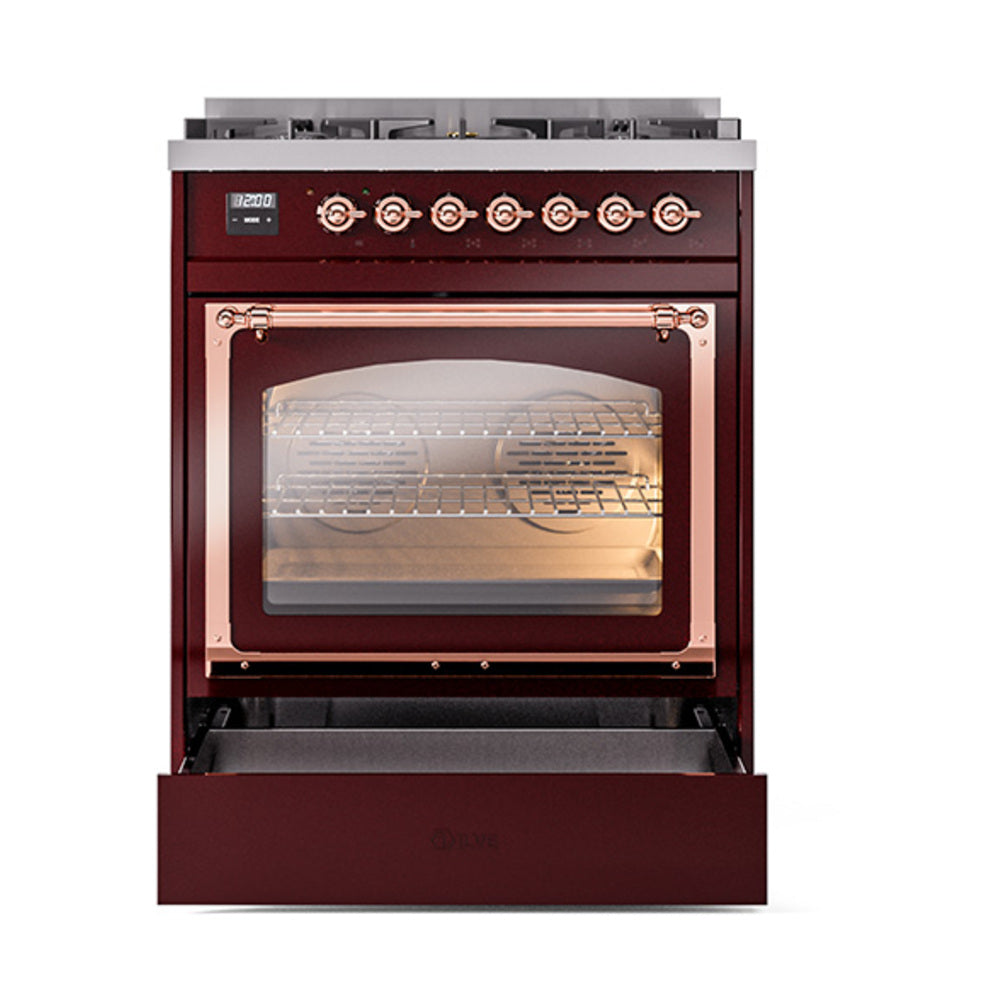 Burgundy gas oven range with copper trim, triple-glass door open and illuminated interior