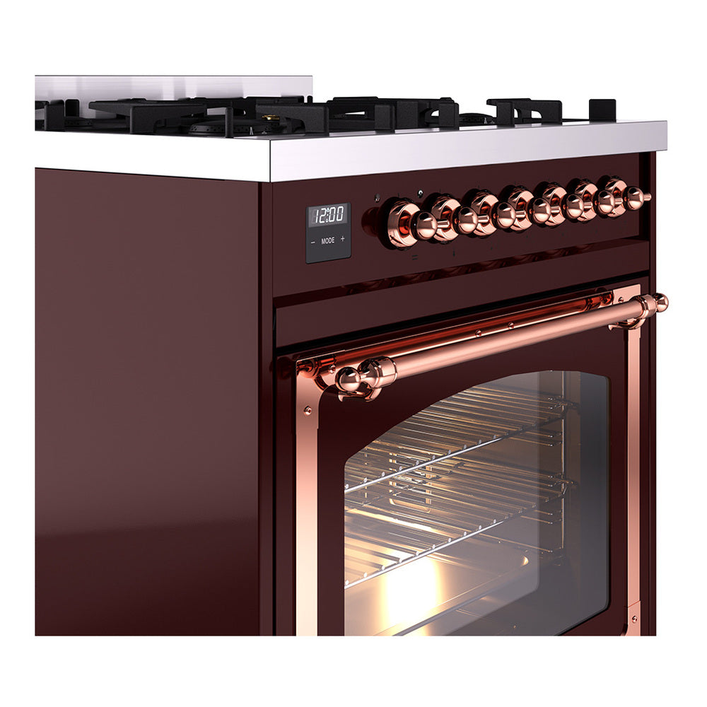 Burgundy gas oven range with copper knobs and open door, showing wire rack inside