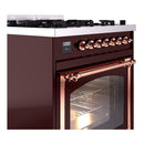 ILVE Nostalgie II Noblesse 30-Inch Dual Fuel Range with Triple Glass Door in Burgundy with Copper Trim (UN30NMPBUP)