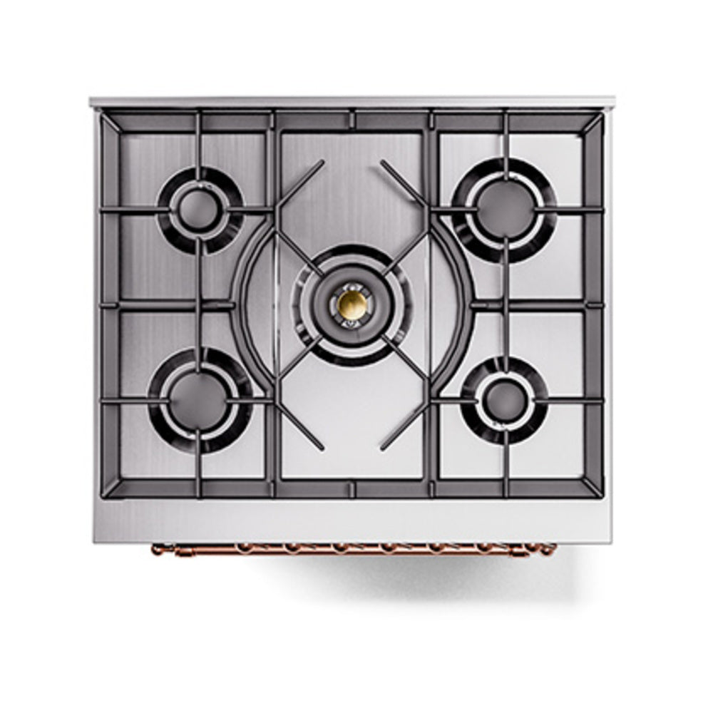 Five-burner gas cooktop with metal grates and four circular burner heads