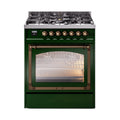 ILVE Nostalgie II Noblesse 30-Inch Natural Gas Dual Fuel Range with Triple Glass Door in Emerald Green with Burnished Bronze Trim (UN30NMPEGB)