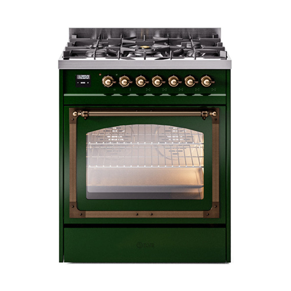 Emerald green propane dual-fuel range with triple glass oven door and bronze trim