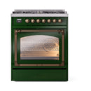 ILVE Nostalgie II Noblesse 30-Inch Natural Gas Dual Fuel Range with Triple Glass Door in Emerald Green with Bronze Trim (UN30NMPEGB)