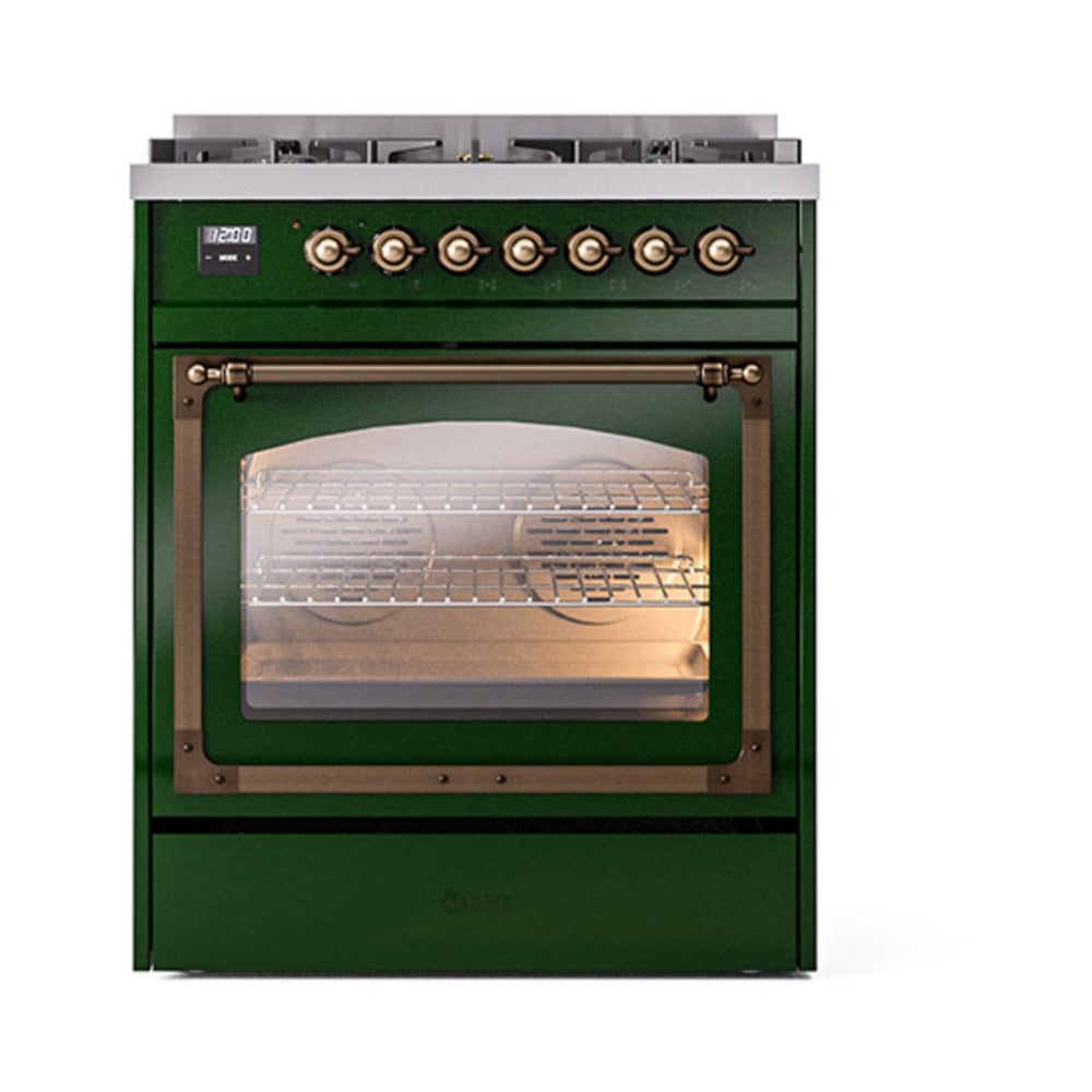 Emerald green dual-fuel range with bronze control knobs and triple glass oven door