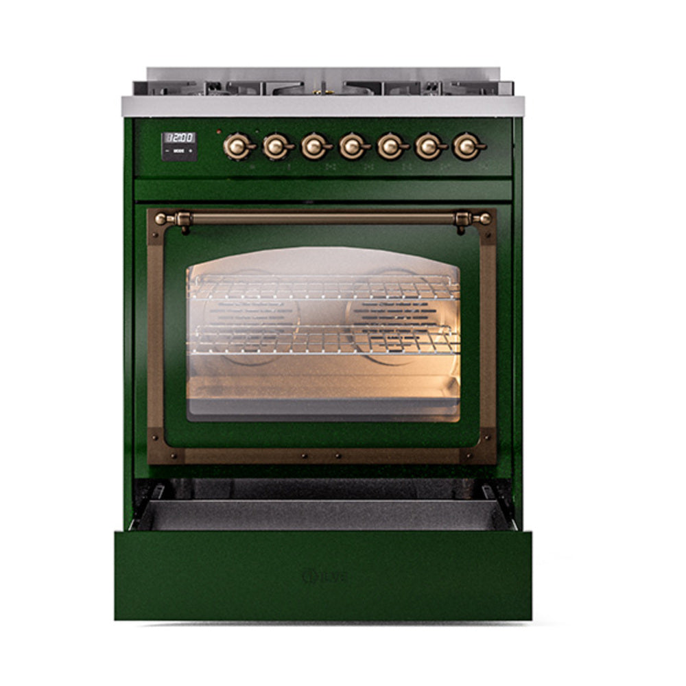 Front view of emerald green dual-fuel range with bronze-trim triple glass oven door