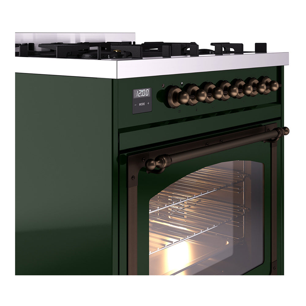 Emerald green range with bronze oven door handle and illuminated interior glass window