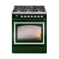 ILVE Nostalgie II Noblesse 30-Inch Natural Gas Dual Fuel Range with Triple Glass Door in Emerald Green with Chrome Trim (UN30NMPEGC)