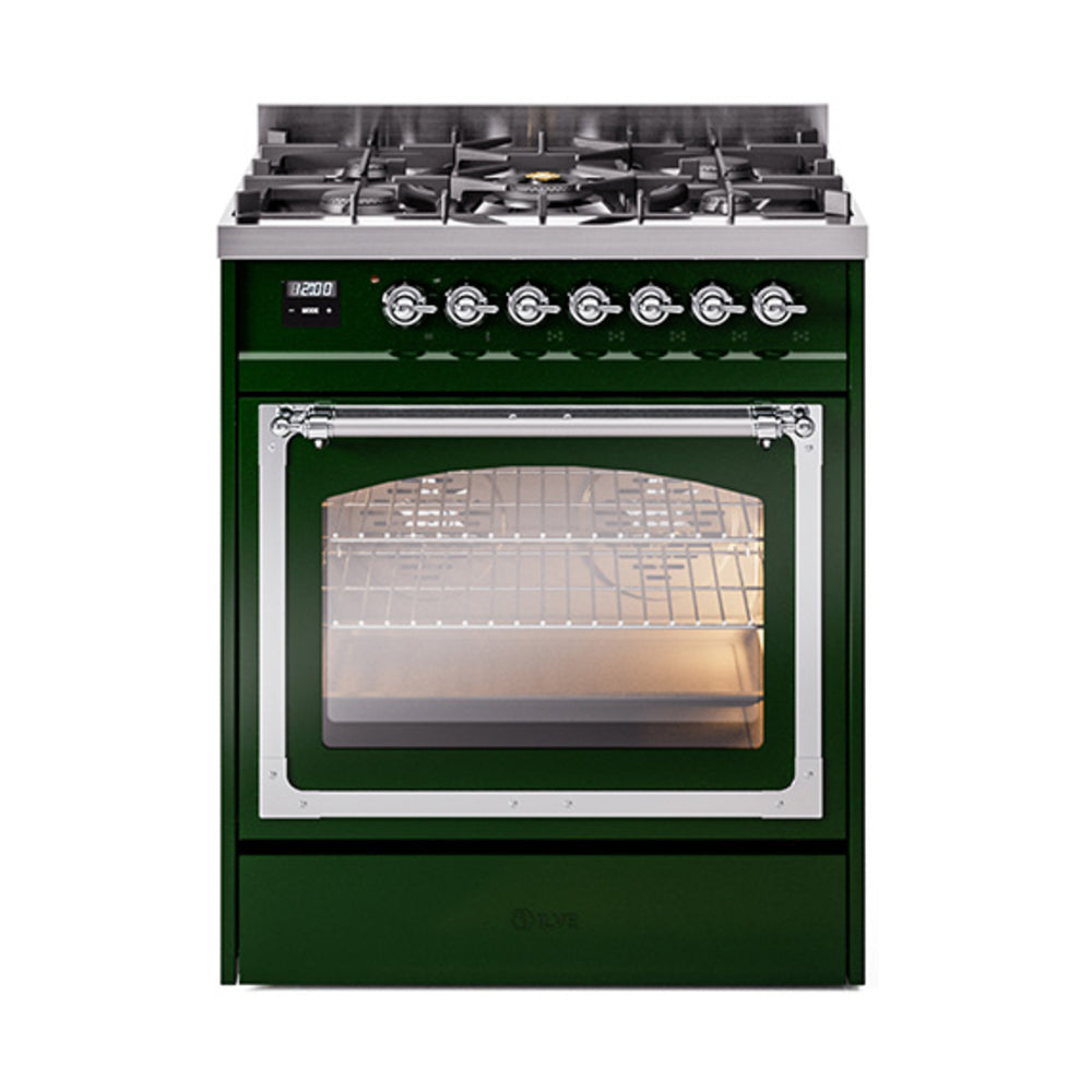 Emerald green dual fuel gas range with three-door glass oven window and chrome trim