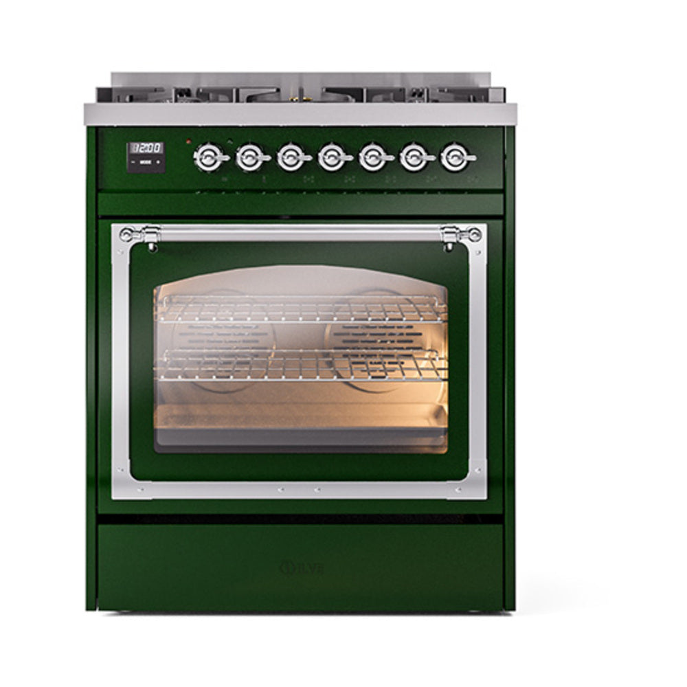 Emerald green dual fuel range with chrome-framed oven window and control knobs