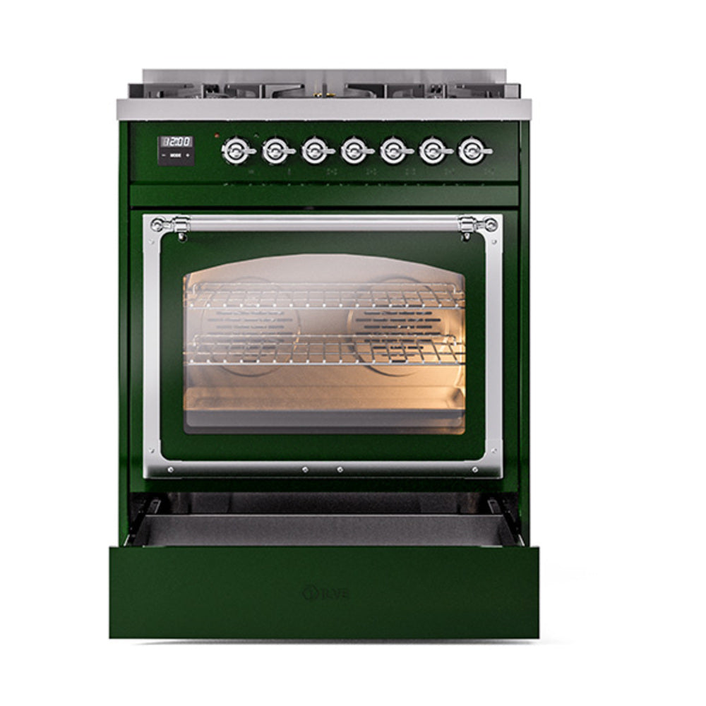 ILVE emerald green dual fuel range with open oven door and triple glass window