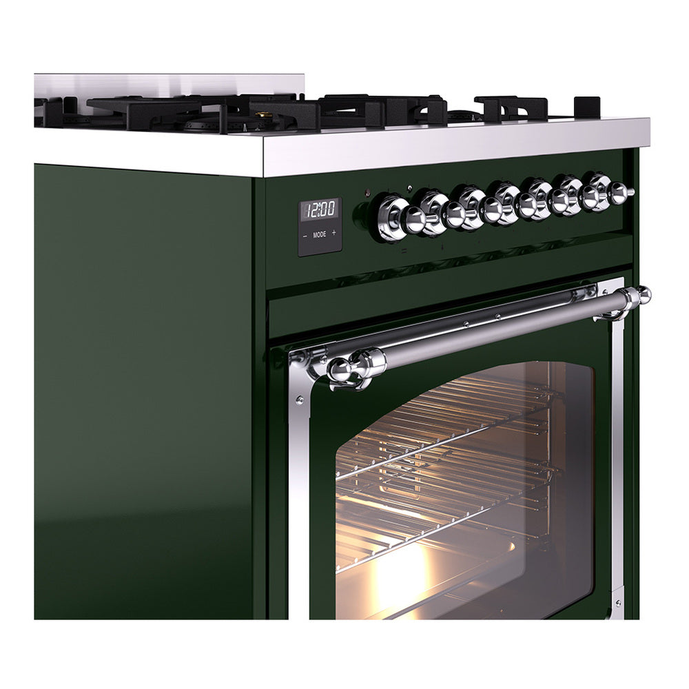 Emerald green dual fuel range with open oven door, chrome handle, and burner knobs