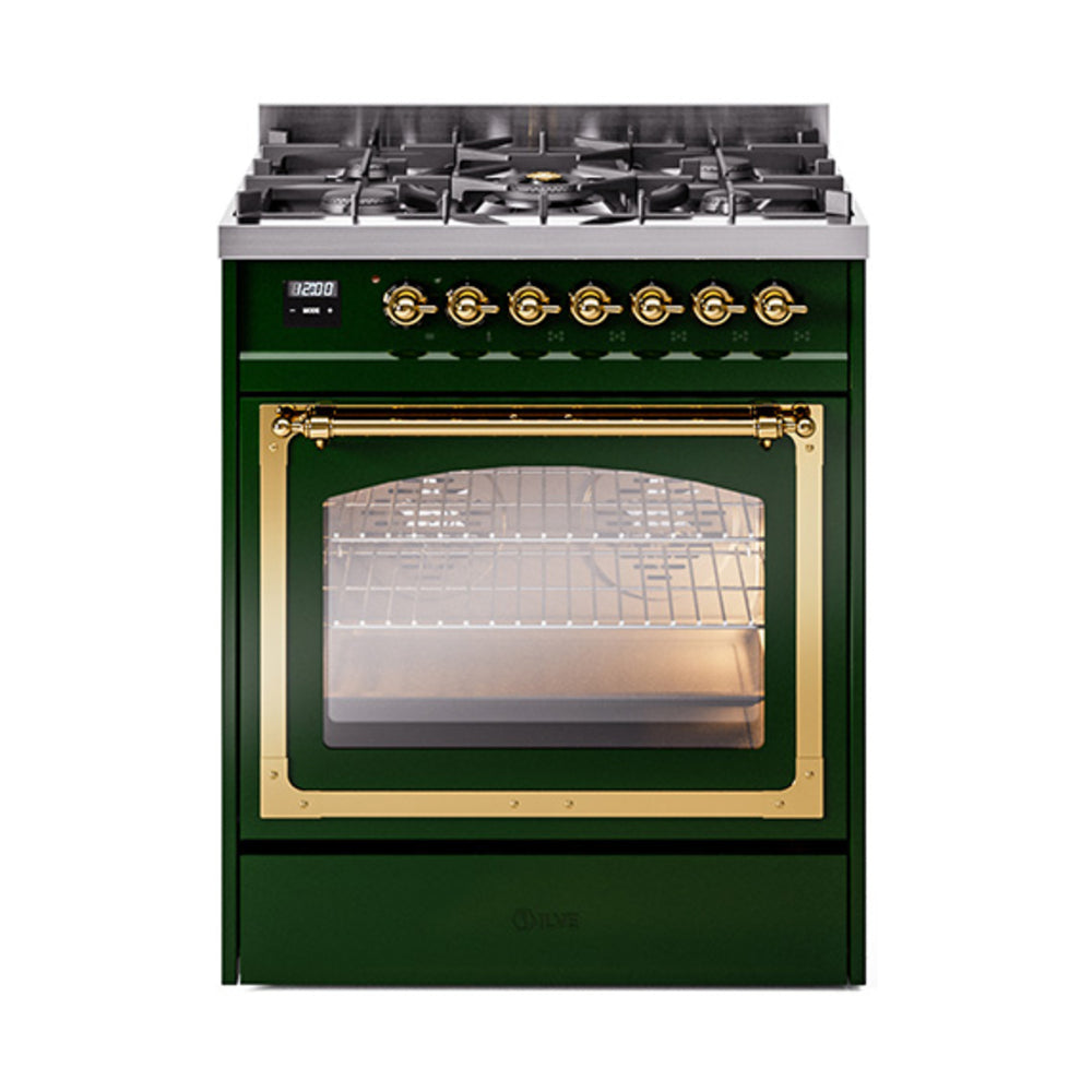Emerald green gas dual-fuel range with triple glass oven door and brass trim