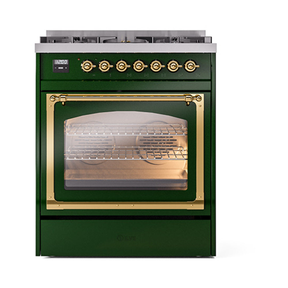 Emerald green gas dual-fuel range with glass oven door and brass trim, front view