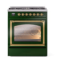 ILVE Nostalgie II Noblesse 30-Inch Propane Gas Dual Fuel Range with Triple Glass Door in Emerald Green with Brass Trim (UN30NMPEGGLP)