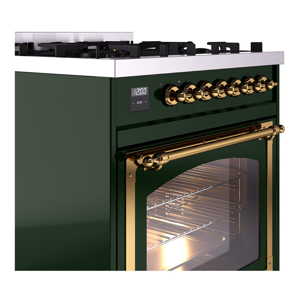 Emerald green range with brass control knobs and open oven door