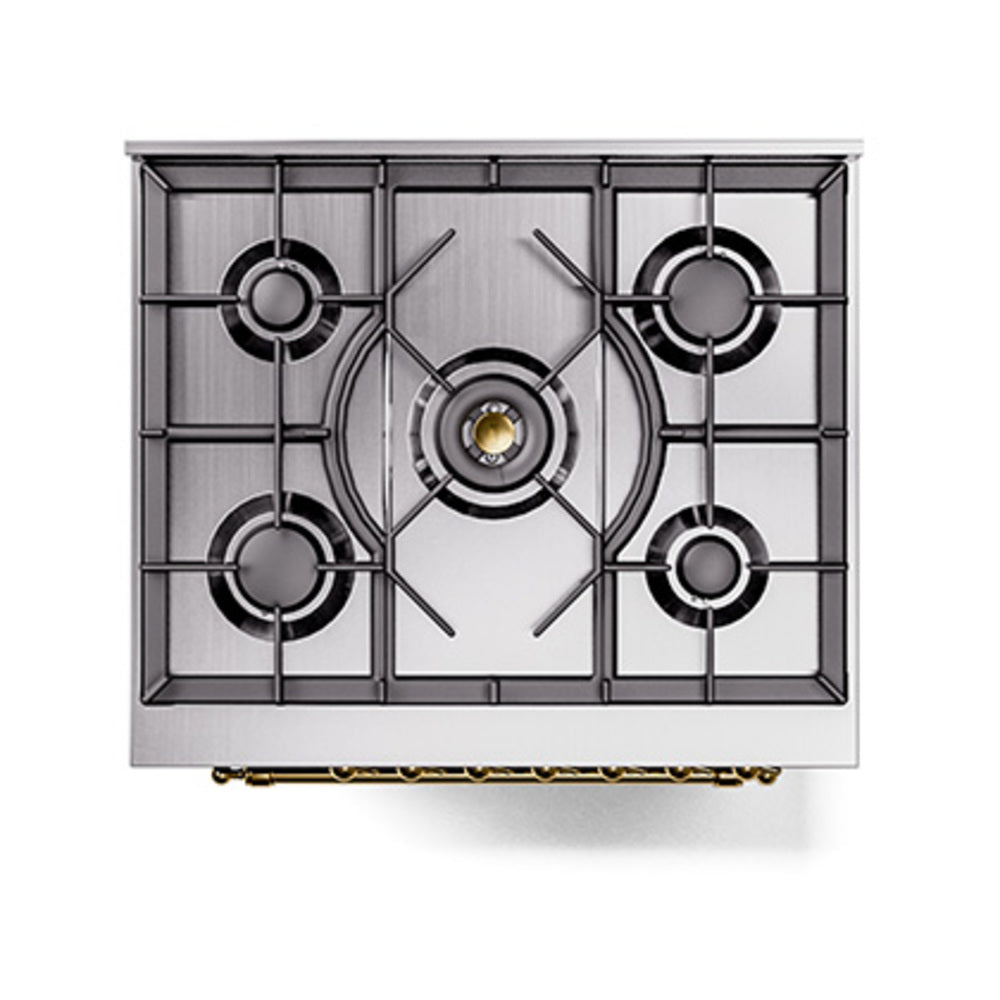 Stainless gas cooktop with five burner grates and central burner cap