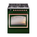 ILVE Nostalgie II Noblesse 30-Inch Natural Gas Dual Fuel Range with Triple Glass Door in Emerald Green with Copper Trim (UN30NMPEGP)