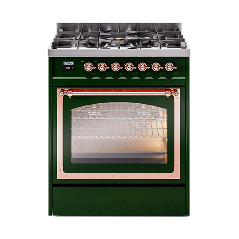 Emerald green dual fuel gas range with triple glass oven door and copper trim