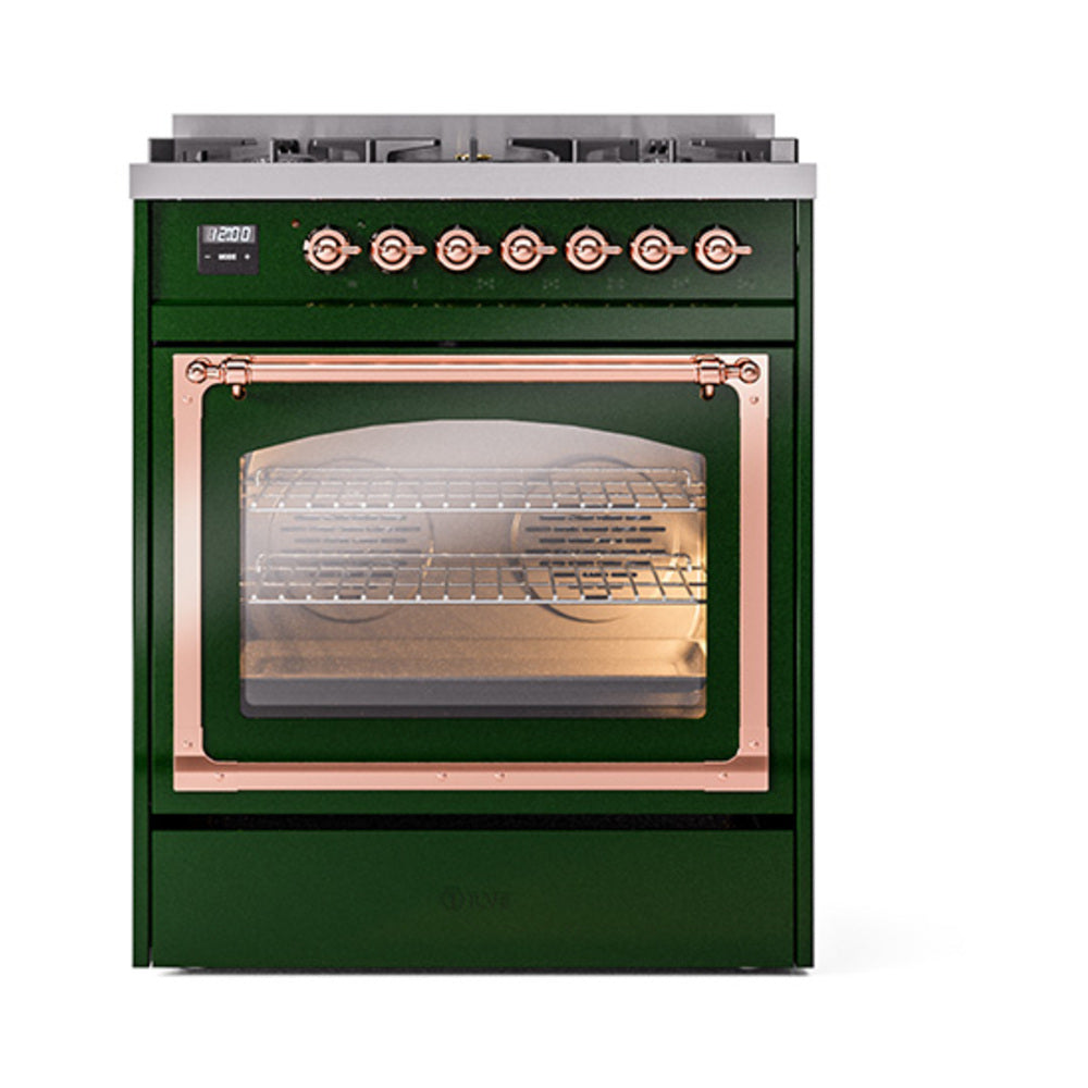 Emerald green dual fuel range with closed glass oven door and lit interior, copper accents
