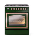 ILVE Nostalgie II Noblesse 30-Inch Natural Gas Dual Fuel Range with Triple Glass Door in Emerald Green with Copper Trim (UN30NMPEGP)