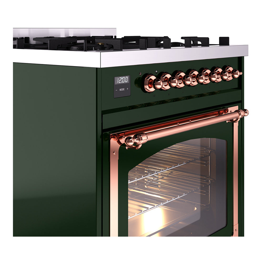 Emerald green dual fuel range with copper control knobs and oven door detail