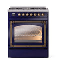 ILVE Nostalgie II Noblesse 30-Inch Propane Gas Dual Fuel Range with Triple Glass Door in Midnight Blue with Bronze Trim (UN30NMPMBBLP)