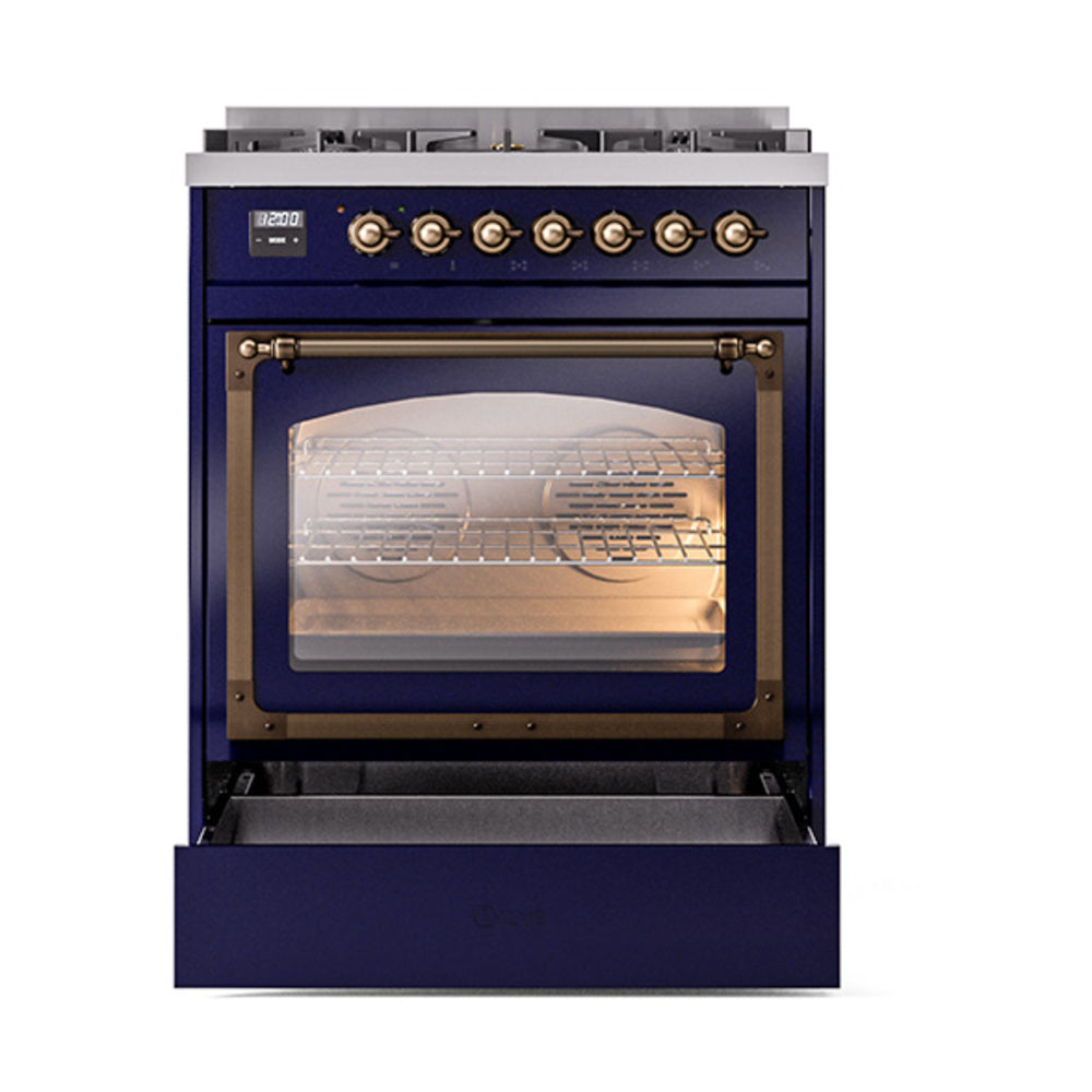 Midnight blue dual fuel range with closed triple-glass oven door and bronze control knobs