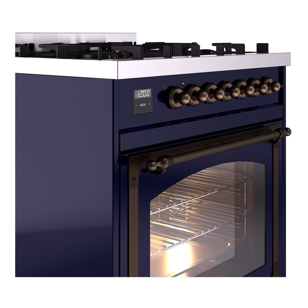 Midnight blue dual fuel range side view with bronze control panel and open front oven