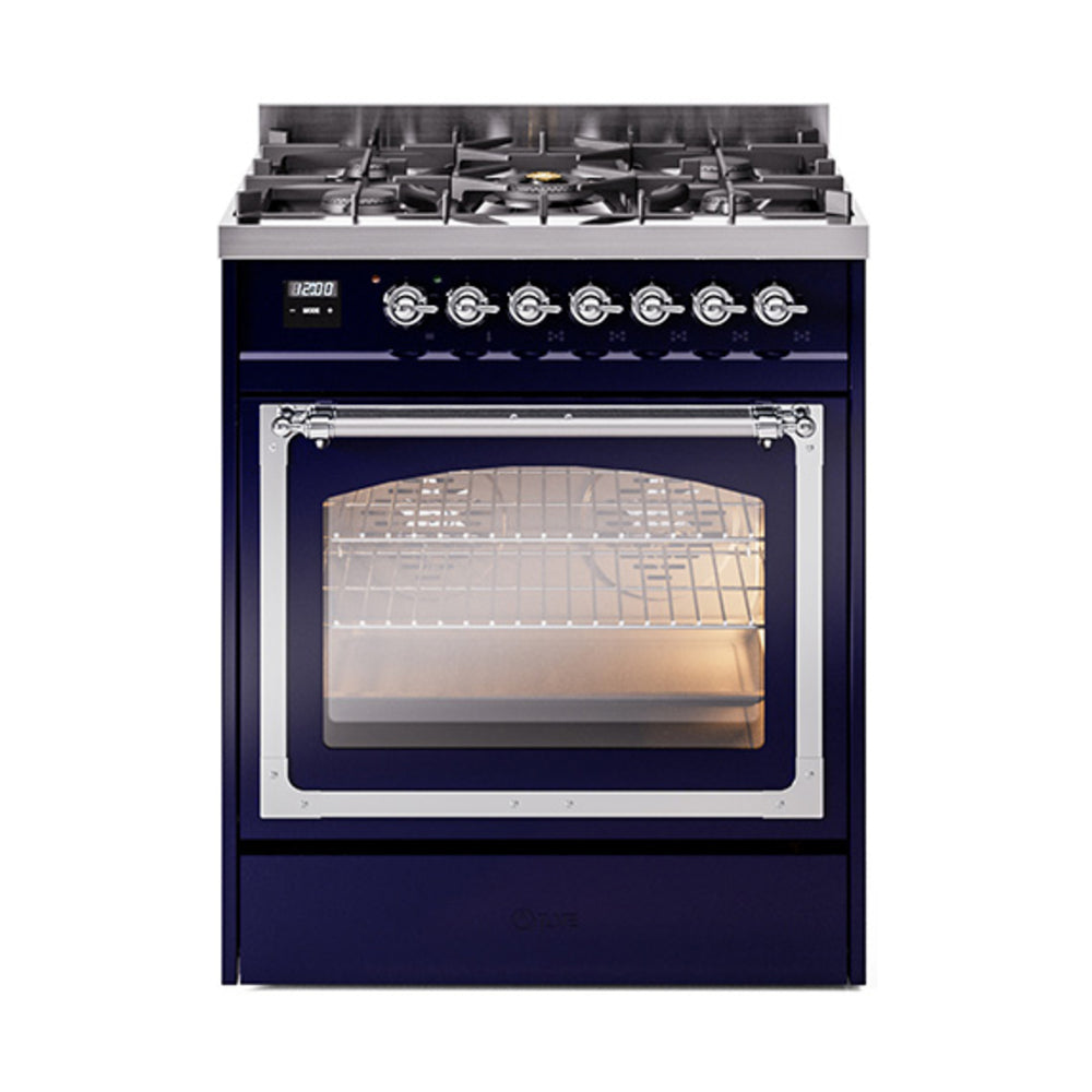 Midnight blue dual-fuel gas range with triple glass oven door and chrome trim