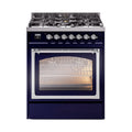 ILVE Nostalgie II Noblesse 30-Inch Natural Gas Dual Fuel Range with Triple Glass Door in Midnight Blue with Chrome Trim (UN30NMPMBC)