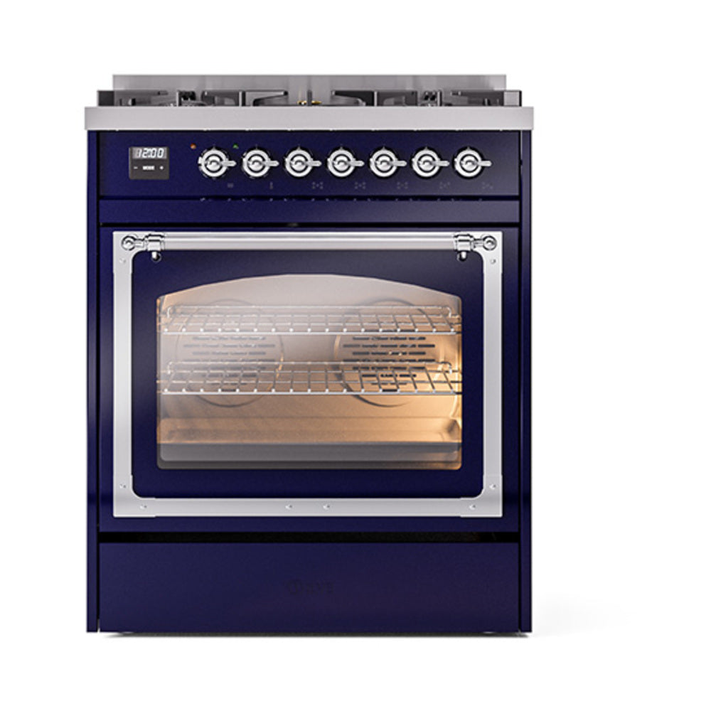 Midnight blue dual-fuel gas range with open triple-glass oven door and racks