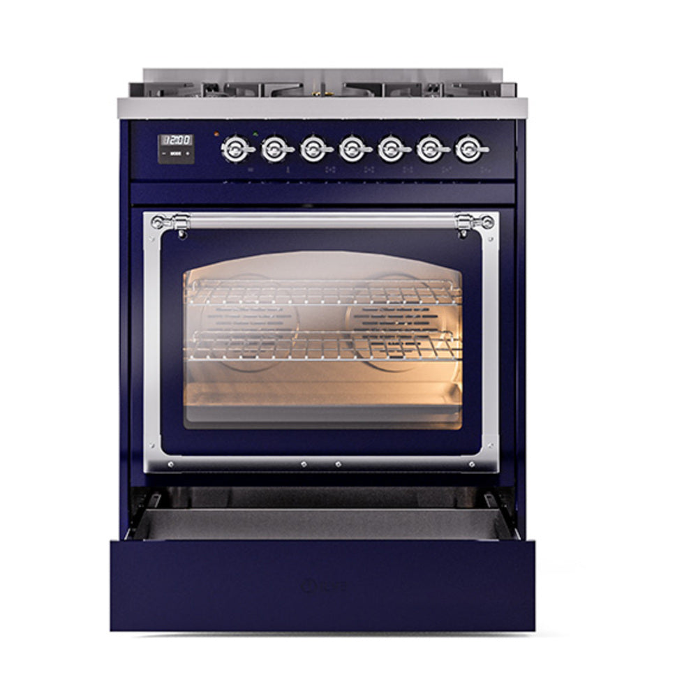 Midnight blue dual-fuel gas range with triple-glass oven door and lit interior