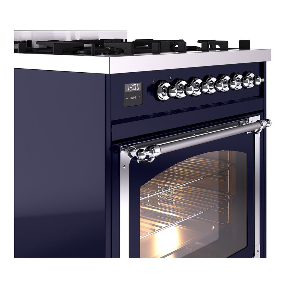 Midnight blue dual-fuel gas range with chrome control knobs and oven door handle