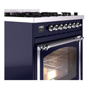 ILVE Nostalgie II Noblesse 30-Inch Propane Gas Dual Fuel Range with Triple Glass Door in Midnight Blue with Chrome Trim (UN30NMPMBCLP)