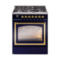 ILVE Nostalgie II Noblesse 30-Inch Natural Gas Dual Fuel Range with Triple Glass Door in Midnight Blue with Brass Trim (UN30NMPMBG)