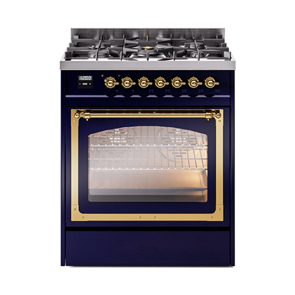 Midnight blue dual-fuel range with triple glass oven door and brass trim
