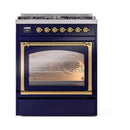 ILVE Nostalgie II Noblesse 30-Inch Dual Fuel Range with Triple Glass Door in Midnight Blue with Brass Trim (UN30NMPMBG)