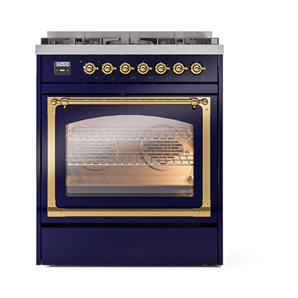 Midnight blue oven door with glass window, brass handle, and front control knobs