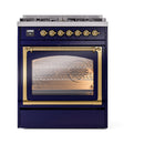 ILVE Nostalgie II Noblesse 30-Inch Propane Gas Dual Fuel Range with Triple Glass Door in Midnight Blue with Brass Trim (UN30NMPMBGLP)