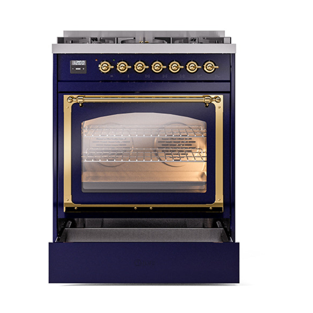Midnight blue dual fuel range with brass-trim oven window and control knobs.