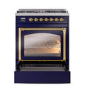 ILVE Nostalgie II Noblesse 30-Inch Propane Gas Dual Fuel Range with Triple Glass Door in Midnight Blue with Brass Trim (UN30NMPMBGLP)