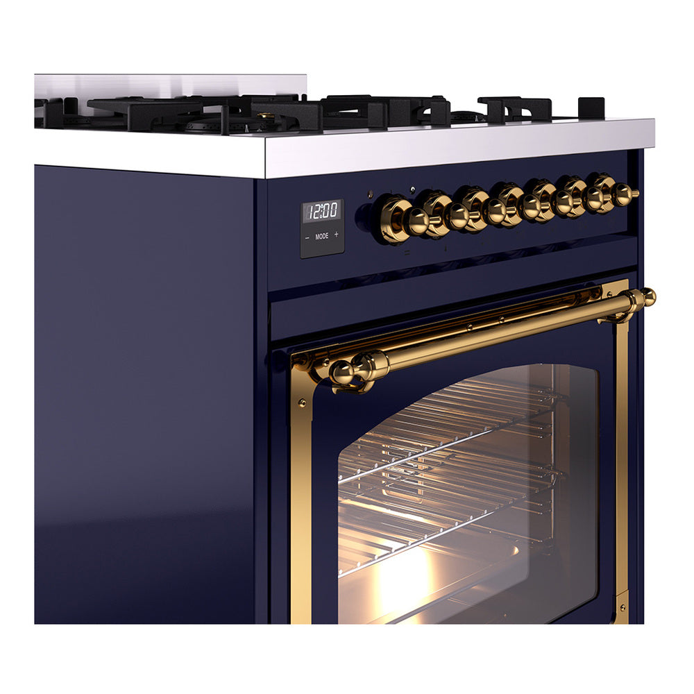 Side view of midnight blue range with brass oven handle and row of control knobs